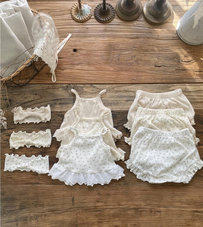 ノースリーブセットアップ ベビーセットアップ 3点セット ペプラムレースキャミソールトップス+フリルブルマショートパンツ+ヘアバンド【mh0009158】