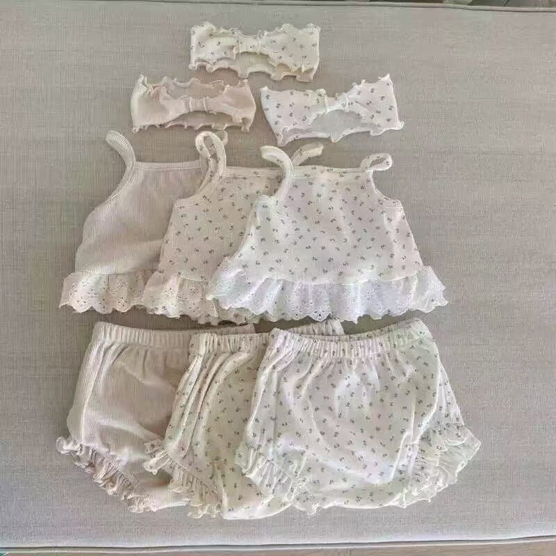 ノースリーブセットアップ ベビーセットアップ 3点セット ペプラムレースキャミソールトップス+フリルブルマショートパンツ+ヘアバンド【mh0009158】