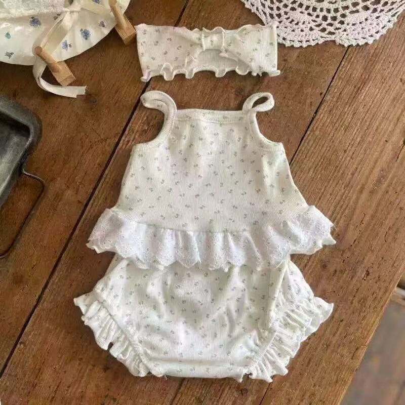 ノースリーブセットアップ ベビーセットアップ 3点セット ペプラムレースキャミソールトップス+フリルブルマショートパンツ+ヘアバンド【mh0009158】