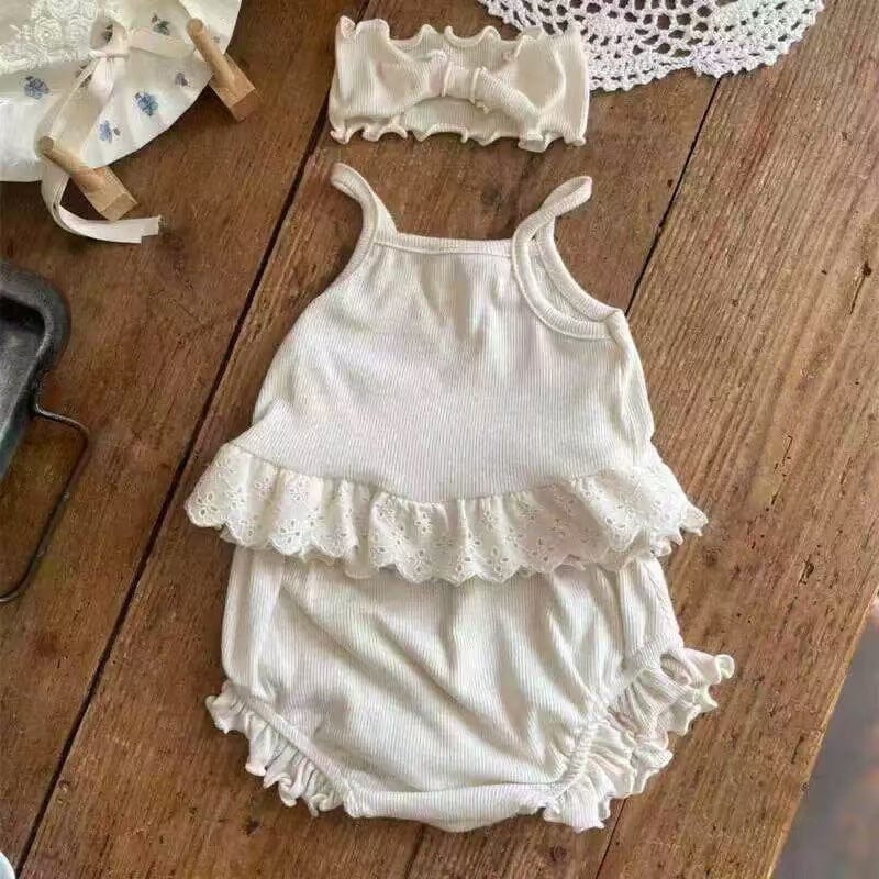 ノースリーブセットアップ ベビーセットアップ 3点セット ペプラムレースキャミソールトップス+フリルブルマショートパンツ+ヘアバンド【mh0009158】