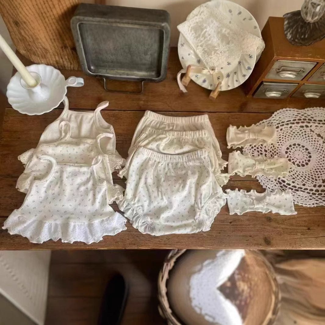 ノースリーブセットアップ ベビーセットアップ 3点セット ペプラムレースキャミソールトップス+フリルブルマショートパンツ+ヘアバンド【mh0009158】