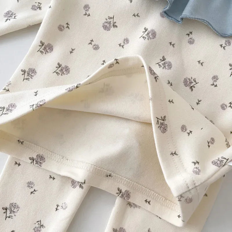 長袖パジャマ ベビー長袖パジャマセット セットアップ 3点セット フラワー花柄プリント 長袖Tシャツ パンツ フリルカラーつけ襟
