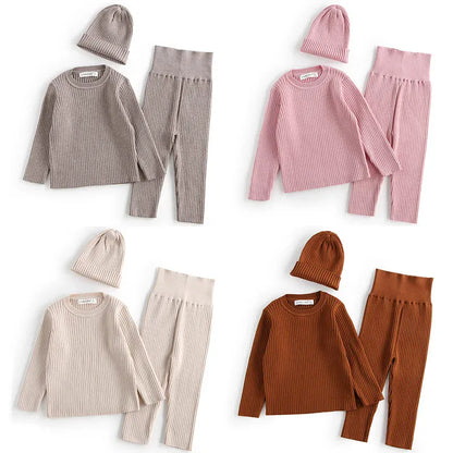 長袖セットアップ ベビーキッズセットアップ 3点セット 長袖パジャマセット 長袖リブTシャツ+ハイウェストリブパンツ+ニットキャップ帽子【mh0008504】
