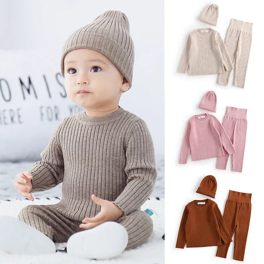 長袖セットアップ ベビーキッズセットアップ 3点セット 長袖パジャマセット 長袖リブTシャツ+ハイウェストリブパンツ+ニットキャップ帽子【mh0008504】