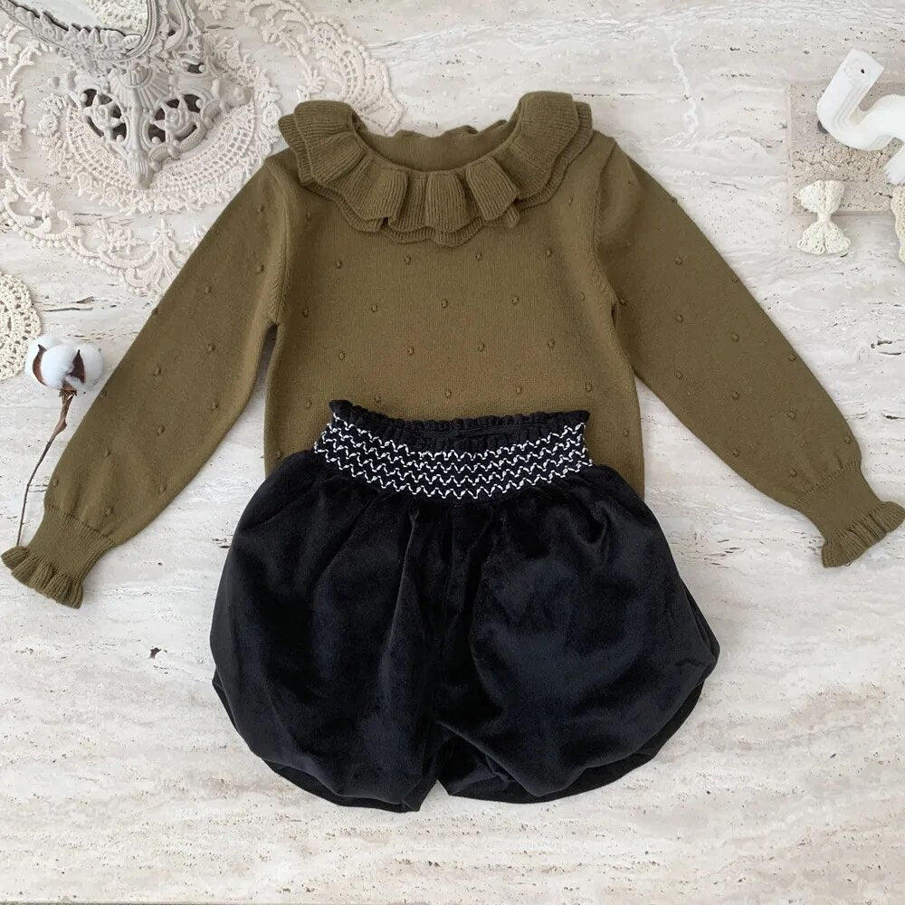 ニット・セーター キッズ 長袖カットソー ニット ダブルフリルカラー セーター トップス 4カラー ガールズ 女の子 子供服