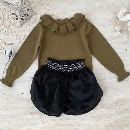 ニット・セーター キッズ 長袖カットソー ニット ダブルフリルカラー セーター トップス 4カラー ガールズ 女の子 子供服