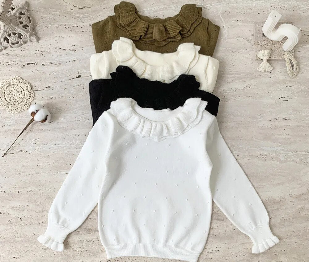 ニット・セーター キッズ 長袖カットソー ニット ダブルフリルカラー セーター トップス 4カラー ガールズ 女の子 子供服