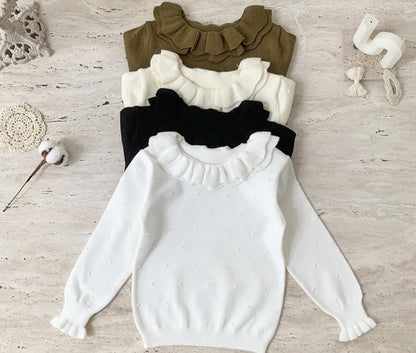 ニット・セーター キッズ 長袖カットソー ニット ダブルフリルカラー セーター トップス 4カラー ガールズ 女の子 子供服