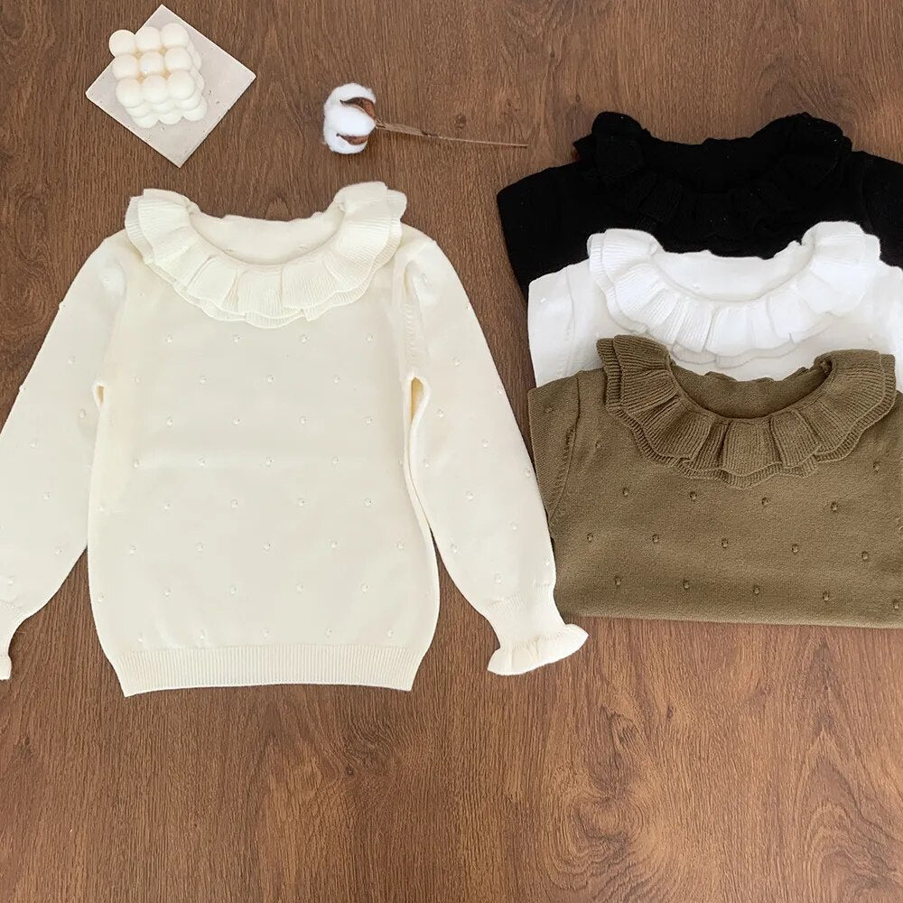 ニット・セーター キッズ 長袖カットソー ニット ダブルフリルカラー セーター トップス 4カラー ガールズ 女の子 子供服