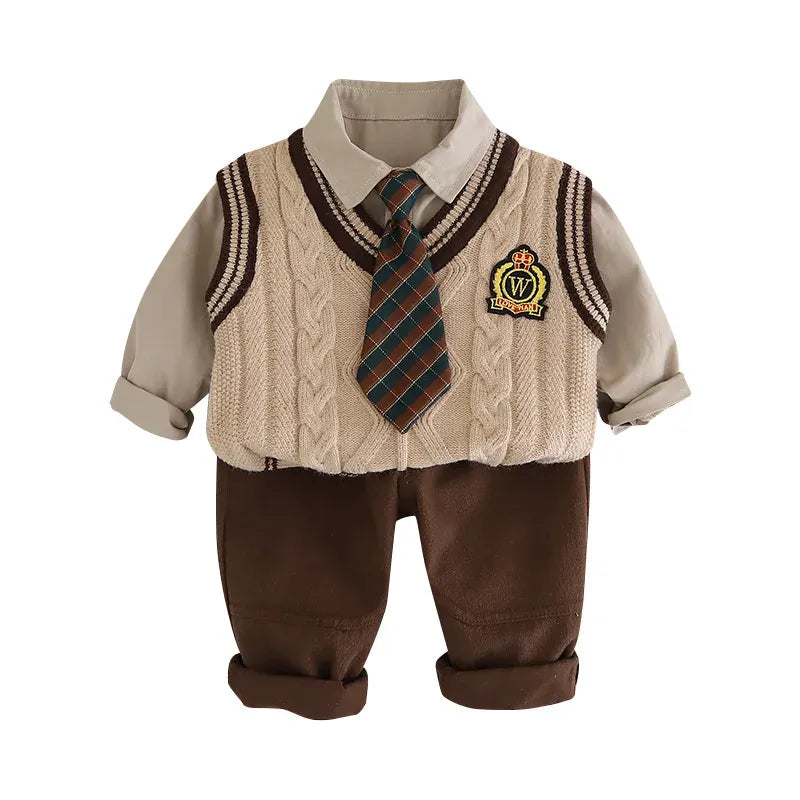 長袖セットアップ キッズセットアップ 4点セット ネクタイ付き長袖シャツ+ニットベスト+ロングパンツ スクールスタイルプレッピースーツ 2カラー【mh0007551】