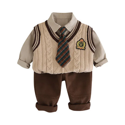 長袖セットアップ キッズセットアップ 4点セット ネクタイ付き長袖シャツ+ニットベスト+ロングパンツ スクールスタイルプレッピースーツ 2カラー【mh0007551】