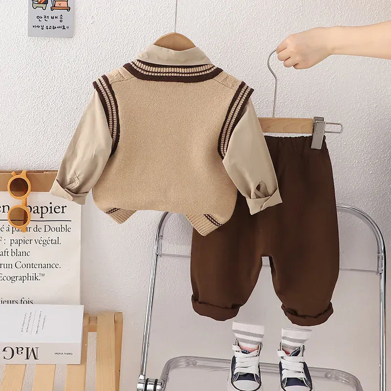 長袖セットアップ キッズセットアップ 4点セット ネクタイ付き長袖シャツ+ニットベスト+ロングパンツ スクールスタイルプレッピースーツ 2カラー【mh0007551】