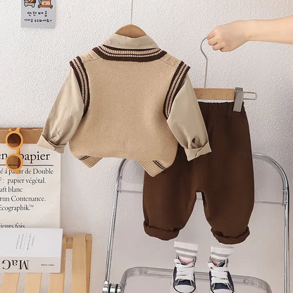 長袖セットアップ キッズセットアップ 4点セット ネクタイ付き長袖シャツ+ニットベスト+ロングパンツ スクールスタイルプレッピースーツ 2カラー【mh0007551】