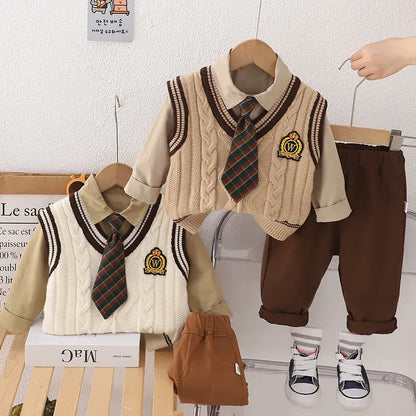 長袖セットアップ キッズセットアップ 4点セット ネクタイ付き長袖シャツ+ニットベスト+ロングパンツ スクールスタイルプレッピースーツ 2カラー【mh0007551】