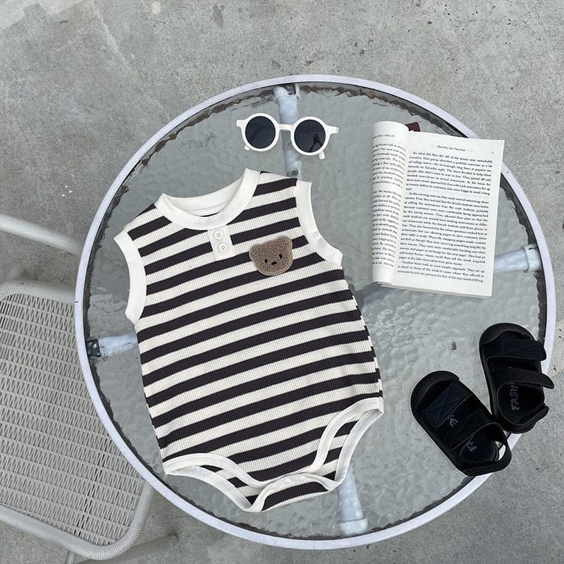 ノースリーブロンパース ベビー ワッフル ボーダー くま ベア ワッペン ノースリーブ ロンパース 4カラー ユニセックス【mh0002070】