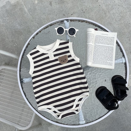 ノースリーブロンパース ベビー ワッフル ボーダー くま ベア ワッペン ノースリーブ ロンパース 4カラー ユニセックス【mh0002070】