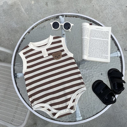 ノースリーブロンパース ベビー ワッフル ボーダー くま ベア ワッペン ノースリーブ ロンパース 4カラー ユニセックス【mh0002070】