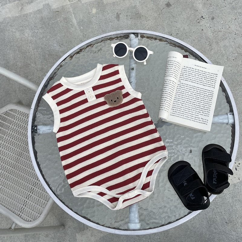 ノースリーブロンパース ベビー ワッフル ボーダー くま ベア ワッペン ノースリーブ ロンパース 4カラー ユニセックス【mh0002070】