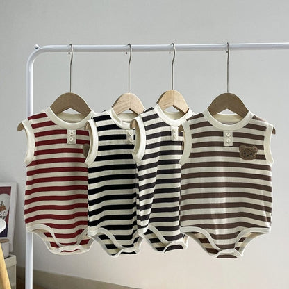 ノースリーブロンパース ベビー ワッフル ボーダー くま ベア ワッペン ノースリーブ ロンパース 4カラー ユニセックス【mh0002070】
