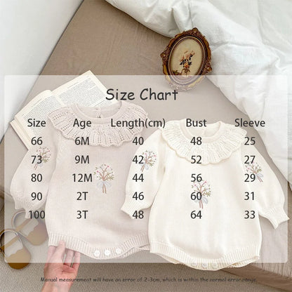 長袖ロンパース ベビーロンパース 長袖ニットボディスーツ フラワー花柄刺繍 フリルサークル襟 4カラー【mh0004189】