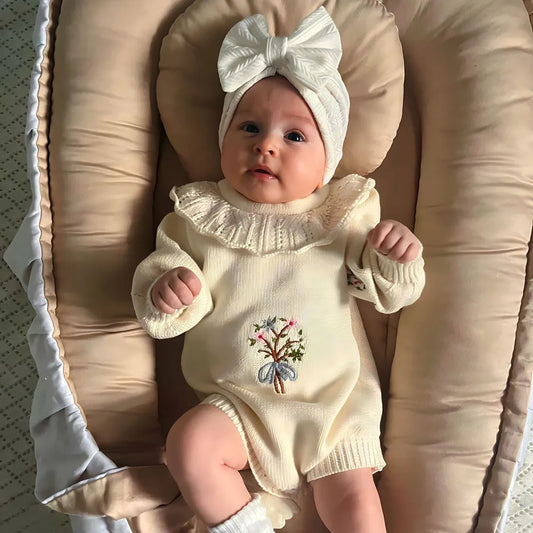 長袖ロンパース ベビーロンパース 長袖ニットボディスーツ フラワー花柄刺繍 フリルサークル襟 4カラー【mh0004189】