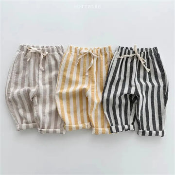 ロングパンツ・スウェットパンツ キッズパンツ コットンリネン ストライプ ルーズロングパンツ 4カラー【mh0005835】