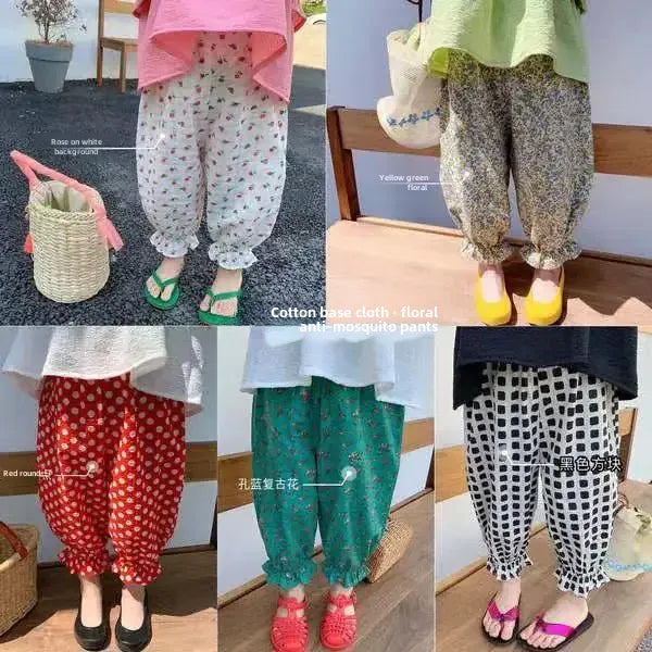 ロングパンツ・スウェットパンツ キッズパンツ サマールーズパンツ パフパンツ チェック/水玉ドット/フラワー花柄プリント 4カラー【mh0006107】