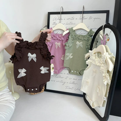 ノースリーブロンパース ベビーロンパース ノースリーブボディスーツ フリル リボン 4カラー【mh0006210】