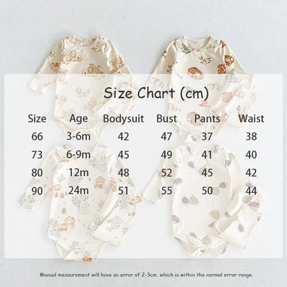 ロンパースセットアップ ベビーロンパース/パンツ/ボンネット フォレストアニマルプリント長袖ボディスーツ/ロングパンツ/帽子 4デザイン【mh0006931】