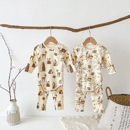 ロンパースセットアップ ベビーロンパース/パンツ/ボンネット フォレストアニマルプリント長袖ボディスーツ/ロングパンツ/帽子 4デザイン【mh0006931】