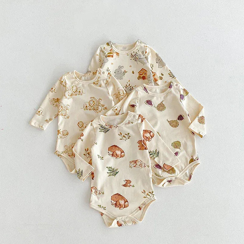 ロンパースセットアップ ベビーロンパース/パンツ/ボンネット フォレストアニマルプリント長袖ボディスーツ/ロングパンツ/帽子 4デザイン【mh0006931】