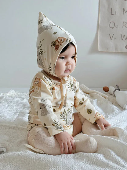 ロンパースセットアップ ベビーロンパース/パンツ/ボンネット フォレストアニマルプリント長袖ボディスーツ/ロングパンツ/帽子 4デザイン【mh0006931】