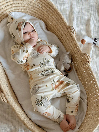 ロンパースセットアップ ベビーロンパース/パンツ/ボンネット フォレストアニマルプリント長袖ボディスーツ/ロングパンツ/帽子 4デザイン【mh0006931】