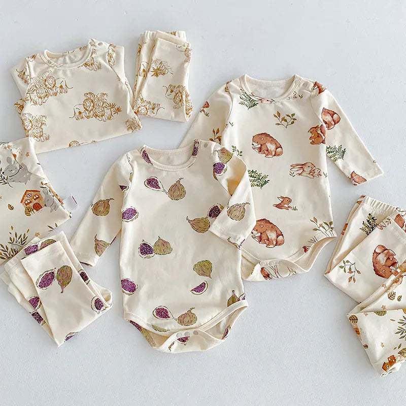 ロンパースセットアップ ベビーロンパース/パンツ/ボンネット フォレストアニマルプリント長袖ボディスーツ/ロングパンツ/帽子 4デザイン【mh0006931】