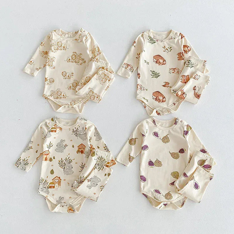 ロンパースセットアップ ベビーロンパース/パンツ/ボンネット フォレストアニマルプリント長袖ボディスーツ/ロングパンツ/帽子 4デザイン【mh0006931】