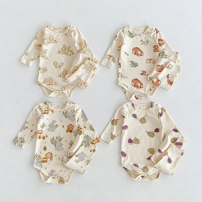 ロンパースセットアップ ベビーロンパース/パンツ/ボンネット フォレストアニマルプリント長袖ボディスーツ/ロングパンツ/帽子 4デザイン【mh0006931】