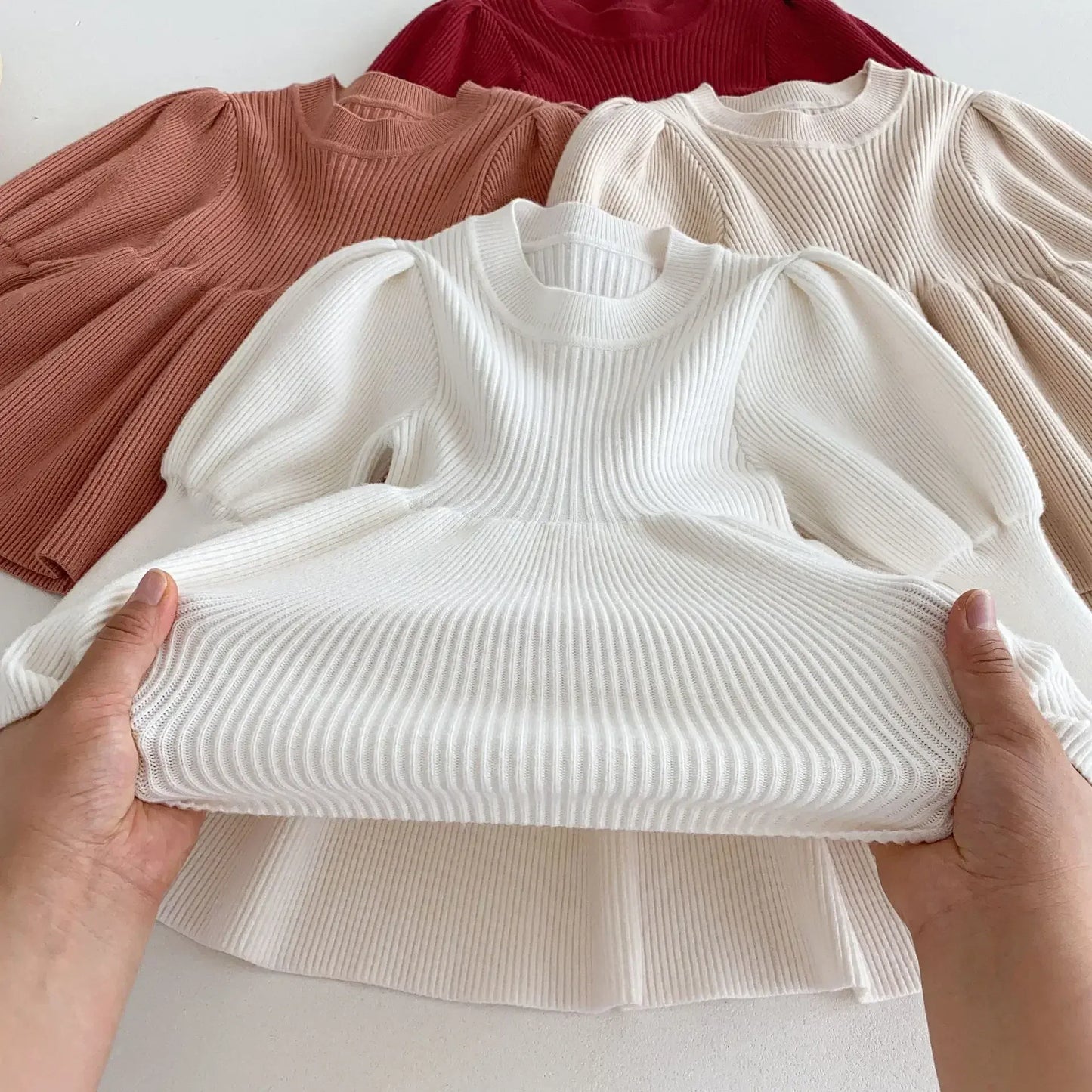 長袖ワンピース ベビーキッズワンピース 長袖パフスリーブニットドレスミニワンピース 4カラー【mh0007291】