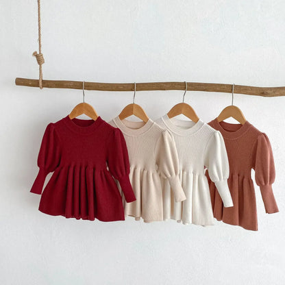 長袖ワンピース ベビーキッズワンピース 長袖パフスリーブニットドレスミニワンピース 4カラー【mh0007291】