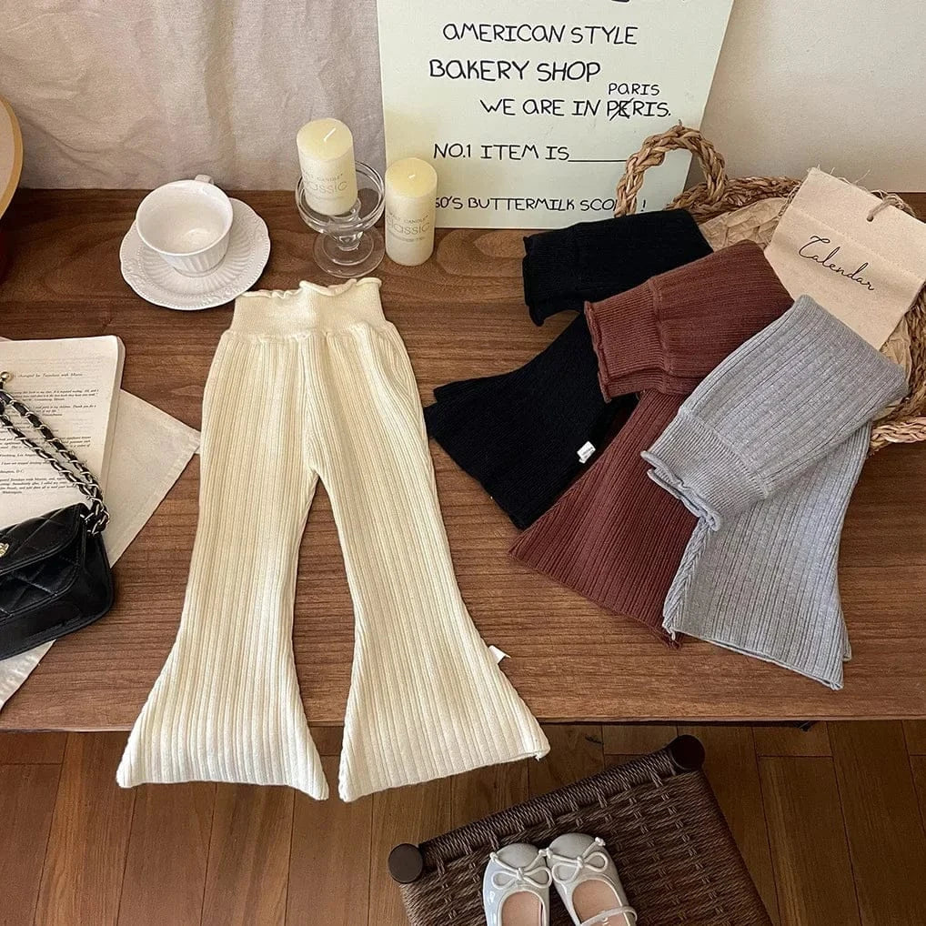 レギンスパンツ キッズパンツ シンプルリブニットベルボトムフレアレギンスパンツ 4カラー【mh0007560】