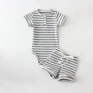 ロンパースセットアップ 5 / 3-6M 66cm / 取り寄せ（3〜14日） ベビーセットアップ 2点セット 半袖ボディスーツ+ショートパンツ ボーダー/無地【mh0005752】