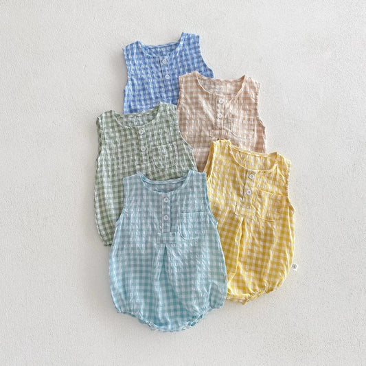 ノースリーブロンパース ベビーロンパース ノースリーブボディスーツ パステルチェック柄 5カラー【mh0004477】