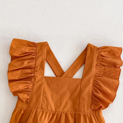 半袖ロンパース ベビーロンパース バタフライスリーブ フリルサスペンダーロンパース エプロンボディスーツ 5カラー【mh0004480】