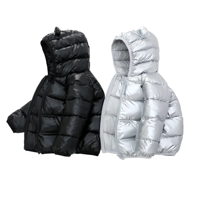 ショートコート・ジャケット・ジャンパー キッズアウター くま耳フーディ中綿キルティングシャイニーダウンジャケット メタリック5カラー【mh0007677】