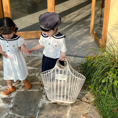 半袖ワンピース キッズ マリン ネイビー ボーイズ セットアップ 半袖 トップス ショートパンツ ガールズ 半袖 ワンピース リンク 兄弟 姉妹 お揃い コーデ 5683C