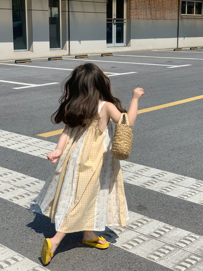 ノースリーブワンピース キッズ チェック フラワー 花柄 パッチワーク サスペンダー ノースリーブ ワンピース ピンク イエロー ガールズ 5879C