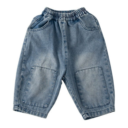 デニムパンツ キッズ デニム 膝パッチ ルーズ パンツ ジーンズ ジーパン ブルー ブラック ユニセックス 6923