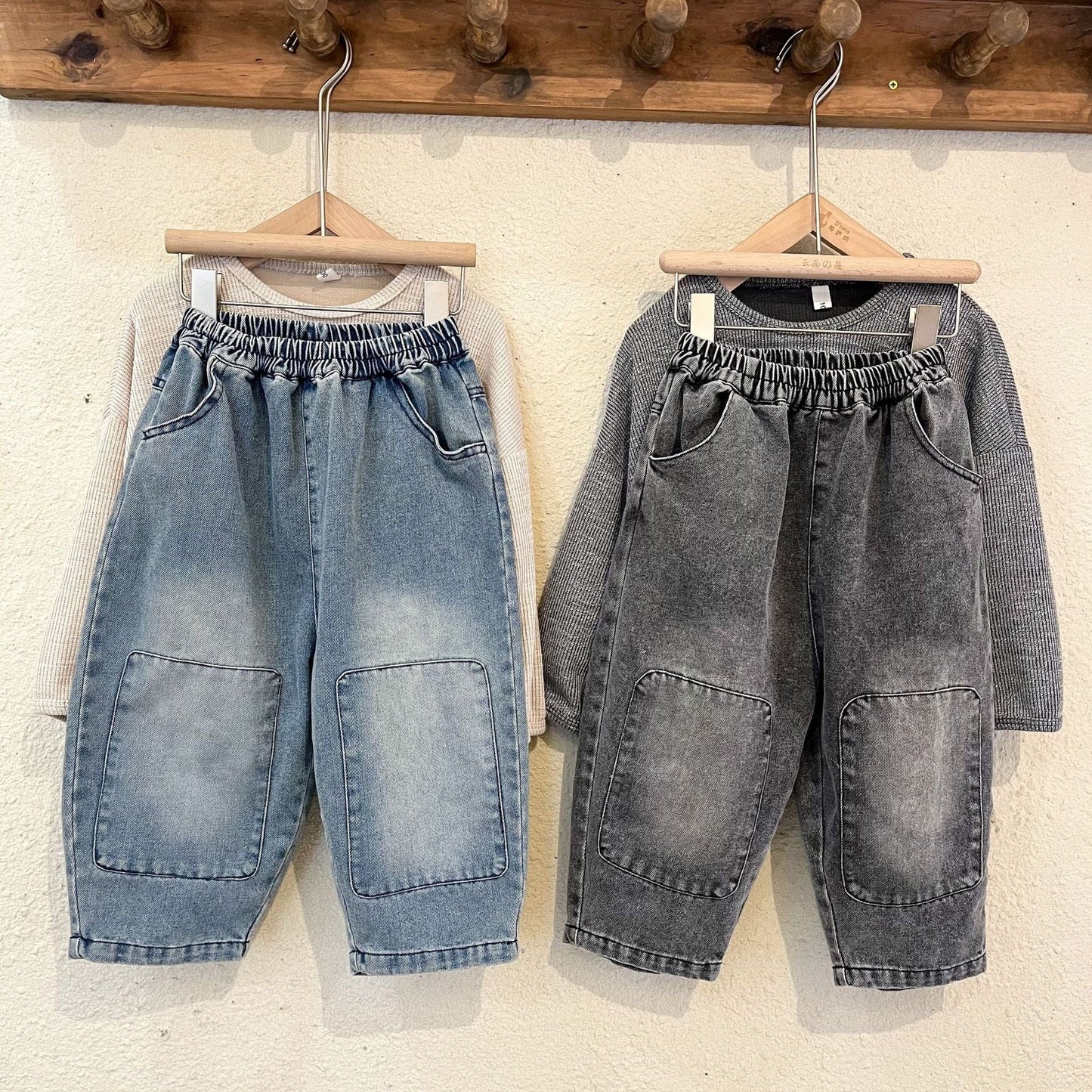 デニムパンツ キッズ デニム 膝パッチ ルーズ パンツ ジーンズ ジーパン ブルー ブラック ユニセックス 6923