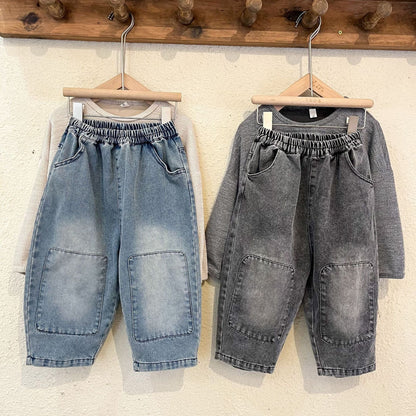 デニムパンツ キッズ デニム 膝パッチ ルーズ パンツ ジーンズ ジーパン ブルー ブラック ユニセックス 6923