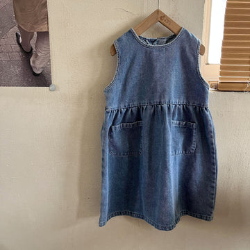 ノースリーブワンピース キッズ デニム ノースリーブ ワンピース ブルー ガールズ 6958