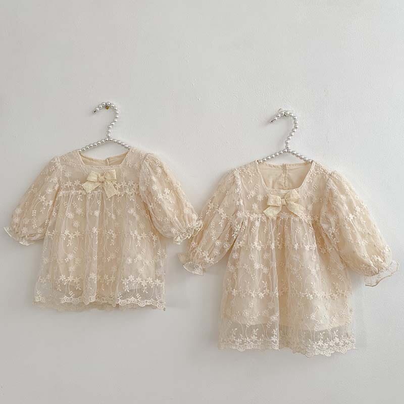 長袖ワンピース ベビー リボン レース チュール チュチュ 長袖 ドレス ロンパース ワンピース お出かけ ベージュ ガールズ 6982